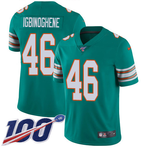 Nike Miami Dolphins #46 Noah Igbinoghene Aqua Green Alternate Youth Stitched NFL 100th Season Vapor Untouchable Limited Jersey->youth nfl jersey->Youth Jersey